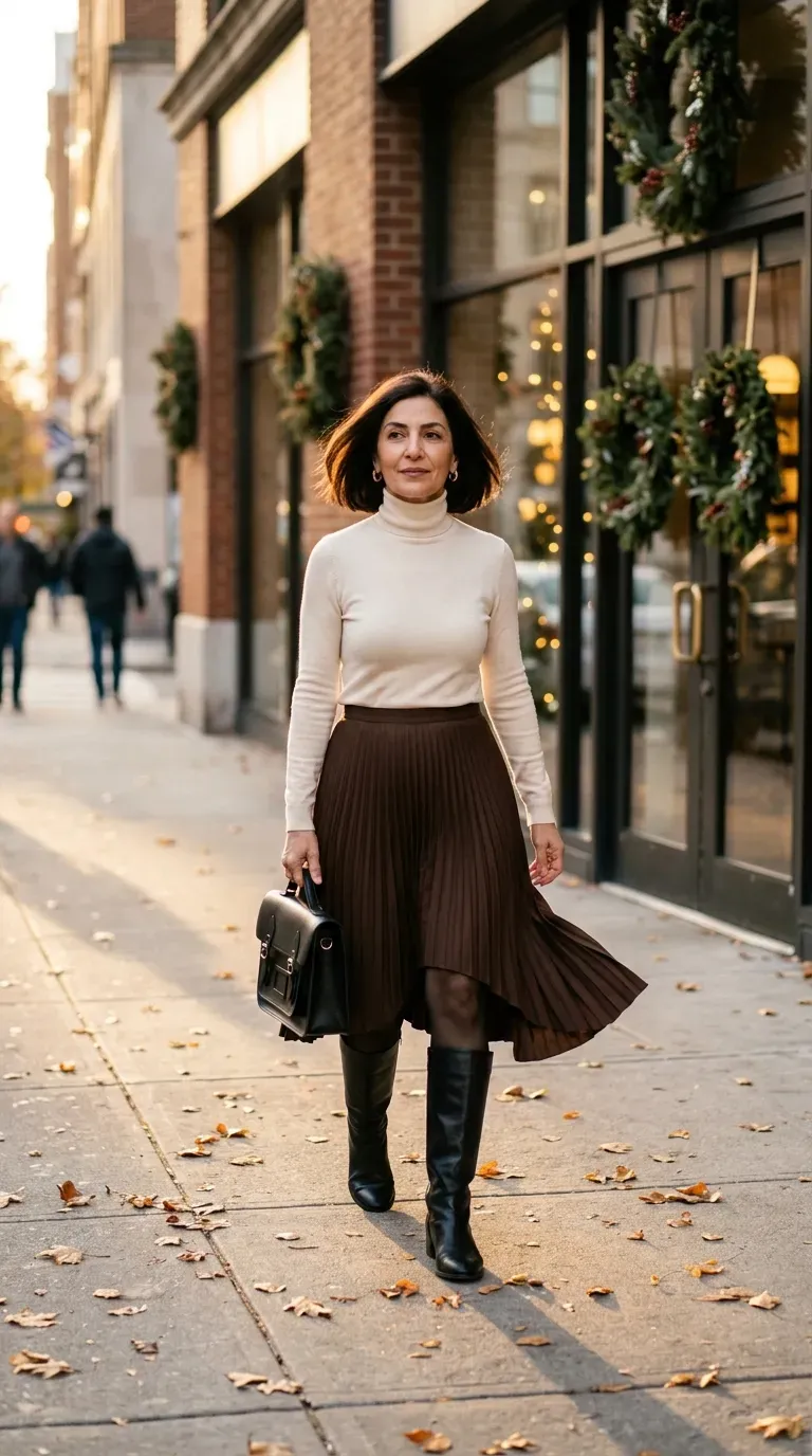 Woman over 50 in chocolate pleated skirt, cream turtleneck and tall boots on a city sidewalk