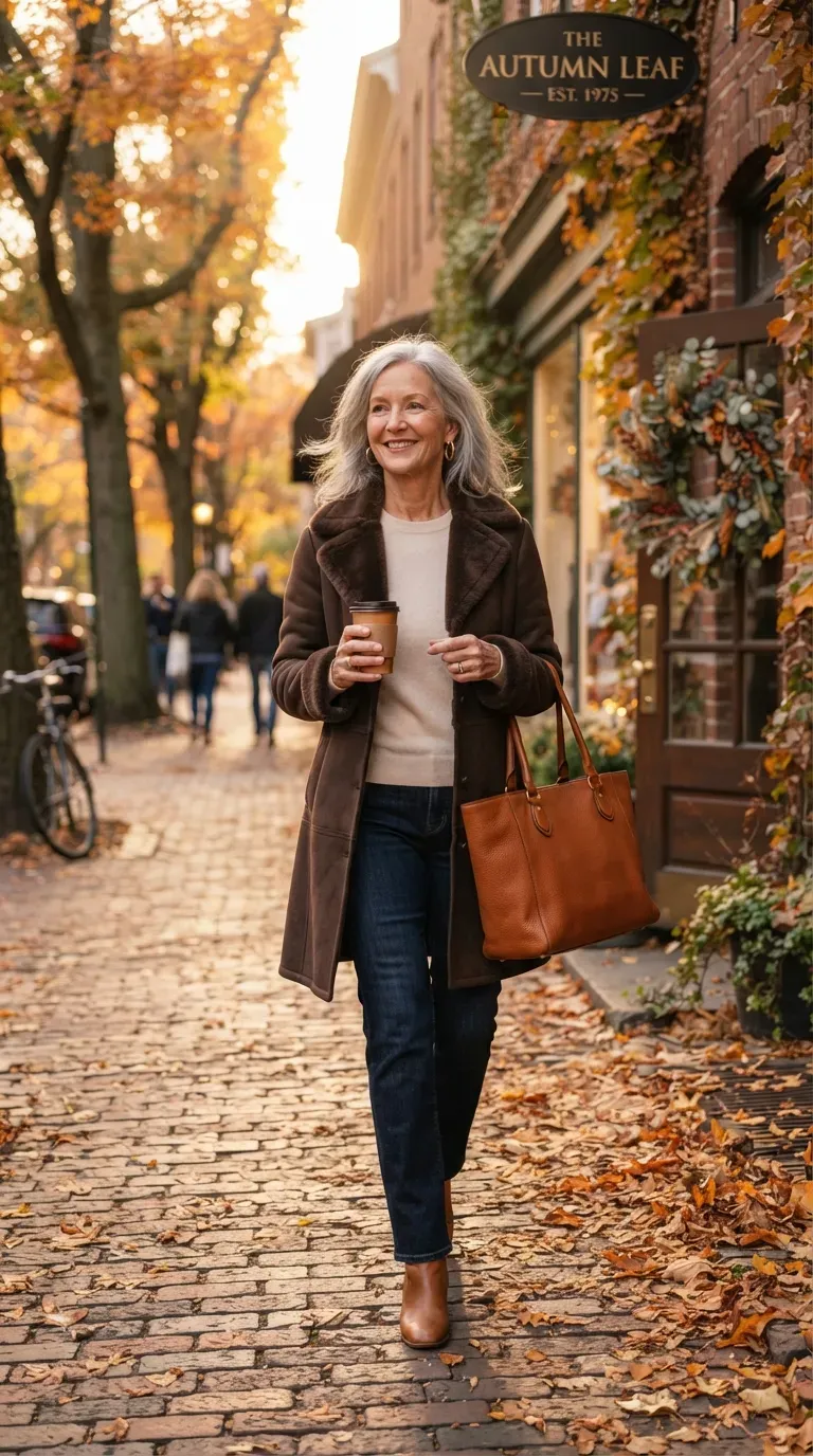 Woman over 50 in chocolate shearling-trim coat, cream sweater and straight jeans on a leafy street