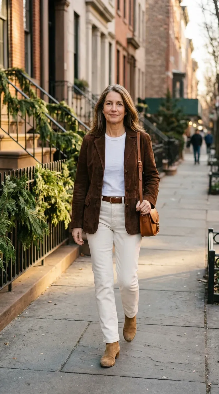 Woman over 50 in chocolate suede jacket, white tee and ivory jeans on a sunny street