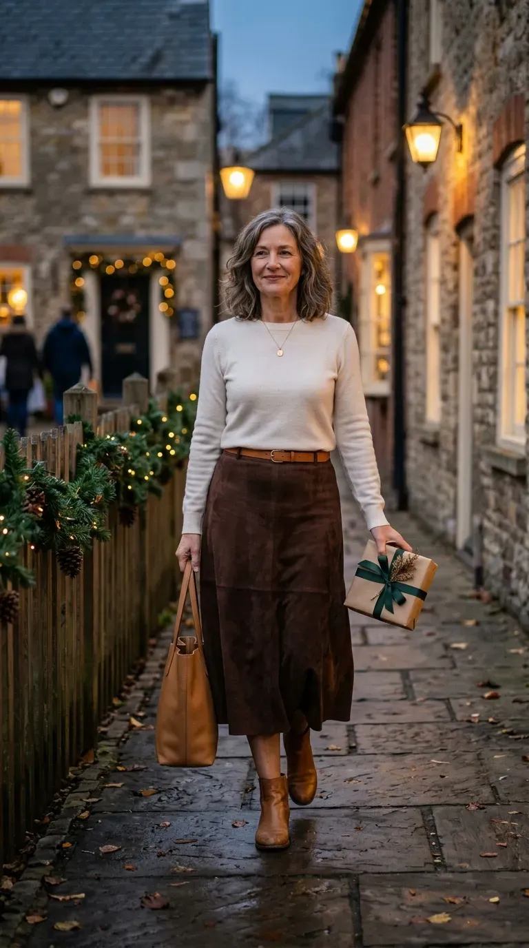 Woman over 50 in chocolate suede midi skirt and ivory knit on a lantern-lit lane