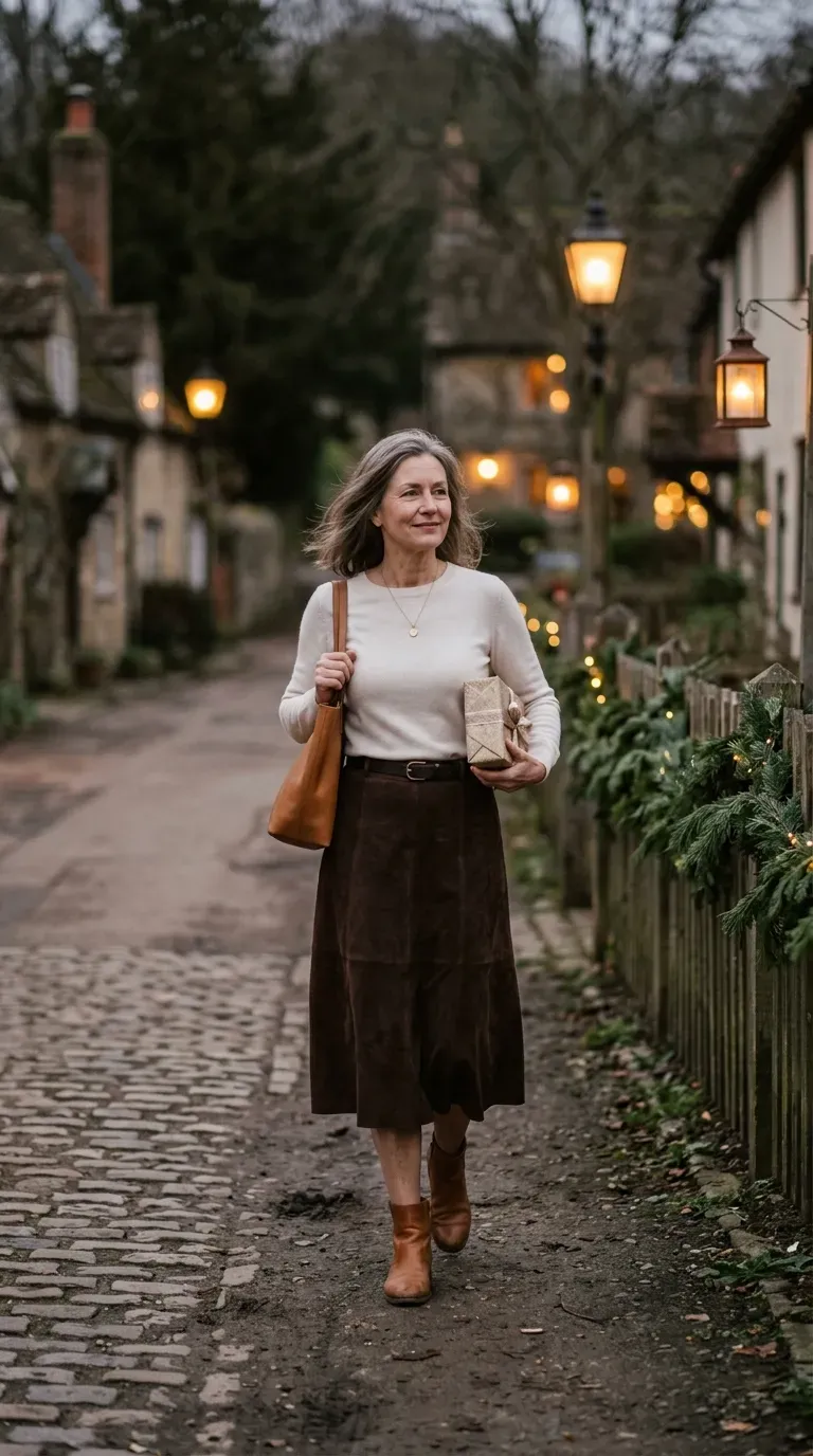 Woman over 50 in chocolate suede midi skirt and ivory knit on a lantern-lit lane