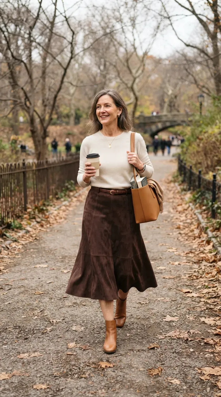Woman over 50 in chocolate suede midi skirt and ivory knit walking a park path