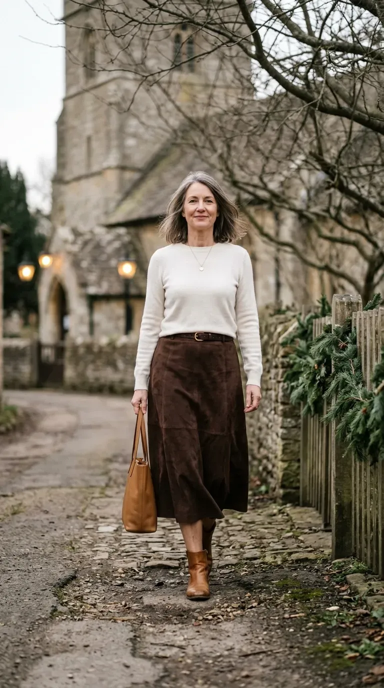 Woman over 50 in chocolate suede midi skirt and ivory knit on a lantern-lit church lane