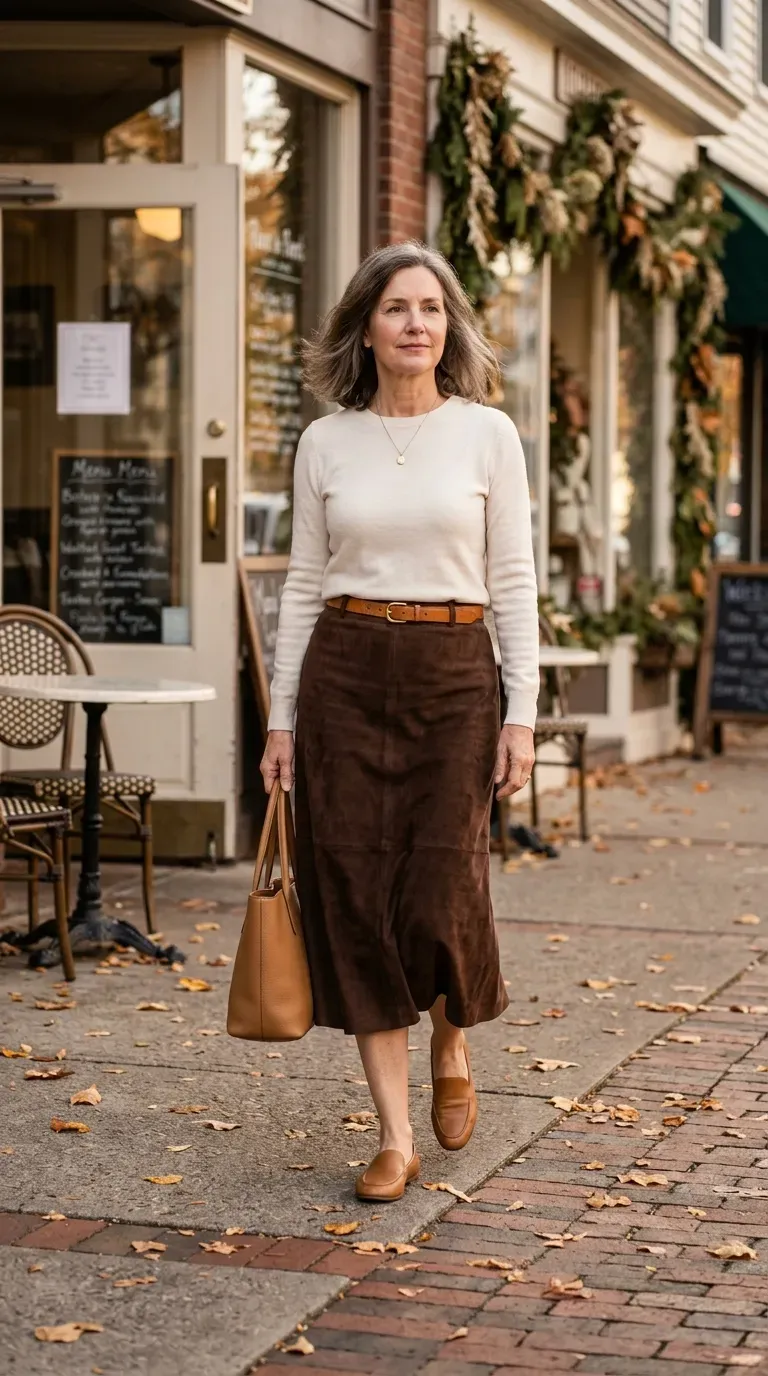 Woman over 50 in chocolate suede midi skirt and ivory knit near a restaurant