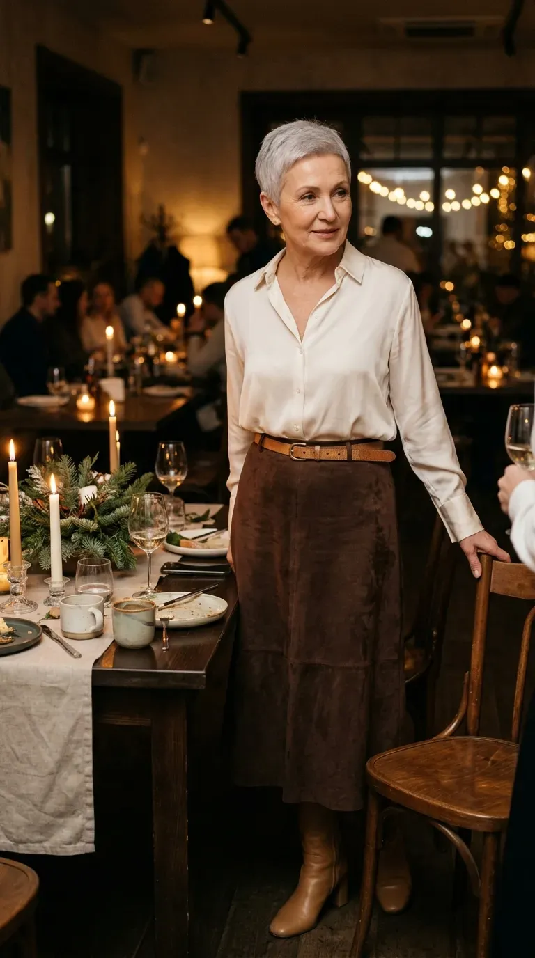 Woman over 50 in chocolate suede midi skirt and ivory silk blouse at a date dinner
