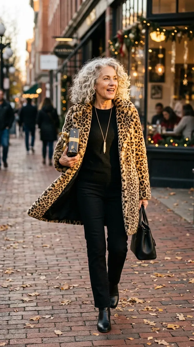 Woman over 50 in chocolate suede midi skirt and ivory silk blouse at a party