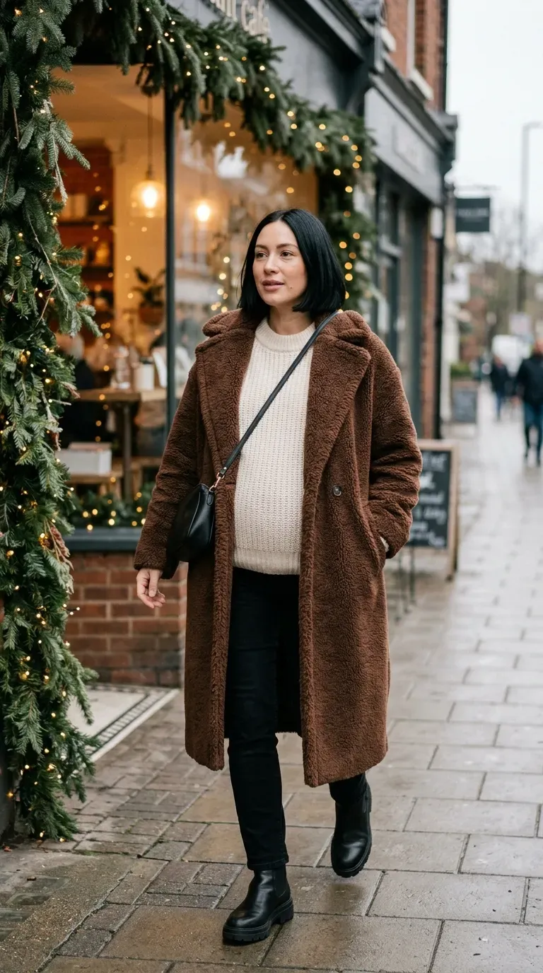 Pregnant woman in chocolate brown teddy coat and black maternity jeans beside a holiday storefront