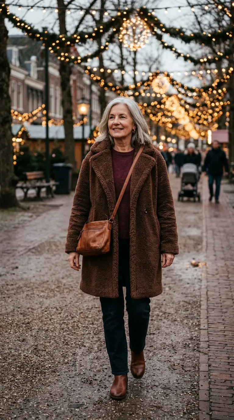 Woman over 50 in chocolate teddy coat, burgundy knit and brown boots at Christmas lights