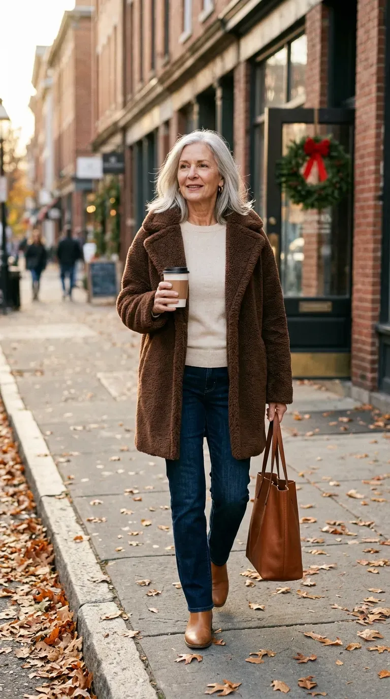 Woman over 50 in chocolate teddy coat, cream sweater and straight jeans on a leafy street