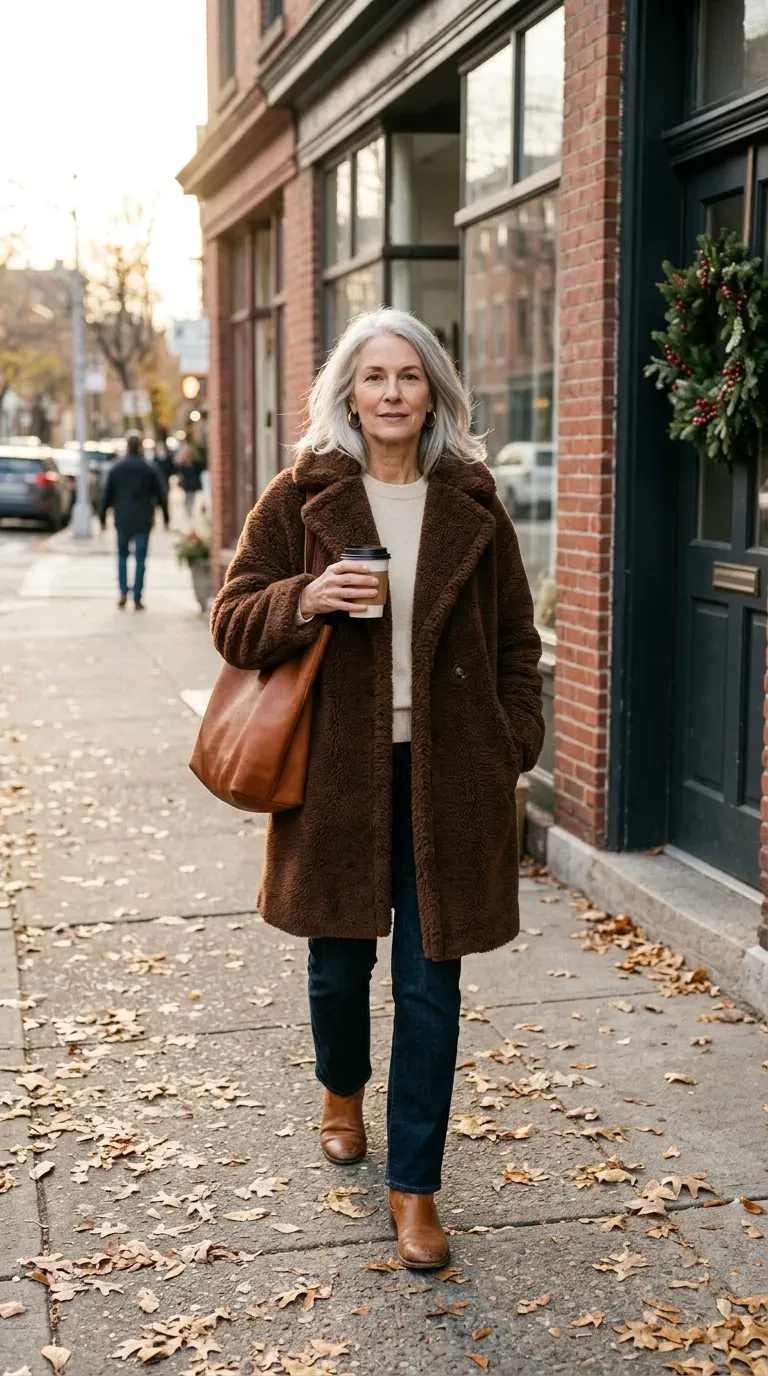 Woman over 50 in chocolate teddy coat, cream sweater and straight jeans on a leafy street