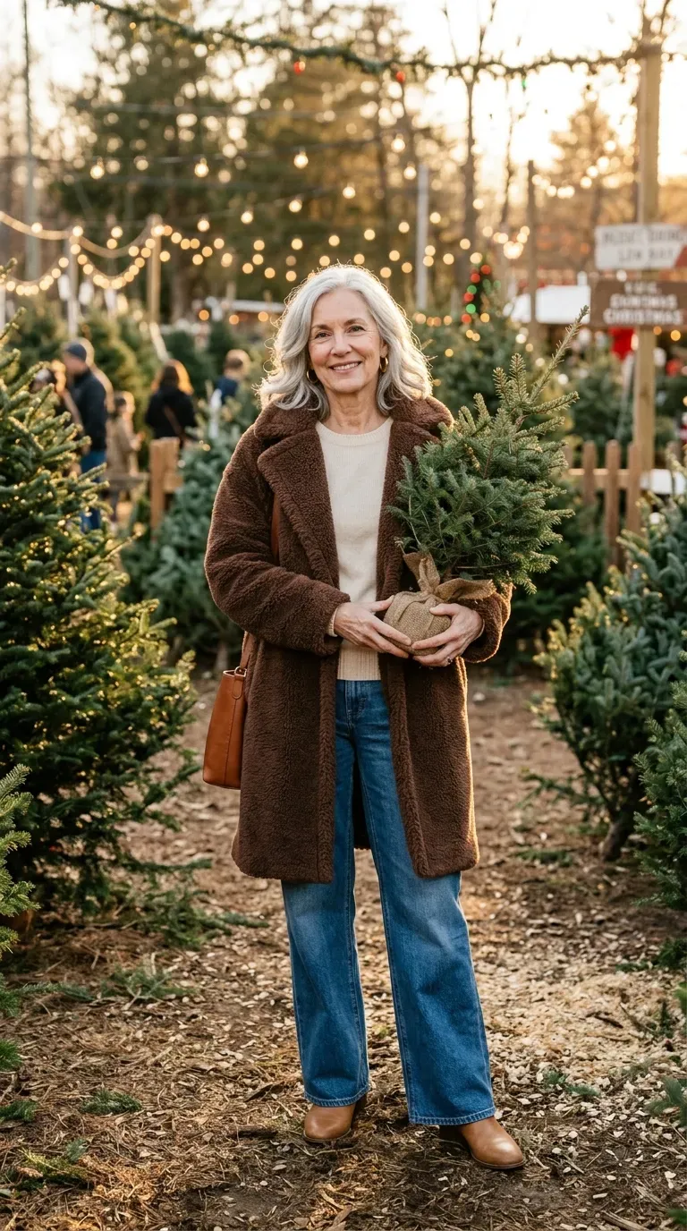 Woman over 50 in chocolate teddy coat, cream sweater and wide-leg jeans at a tree farm