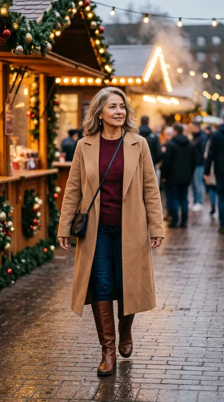 Woman over 50 in chocolate teddy coat, oatmeal turtleneck and wide-leg jeans at a Christmas market