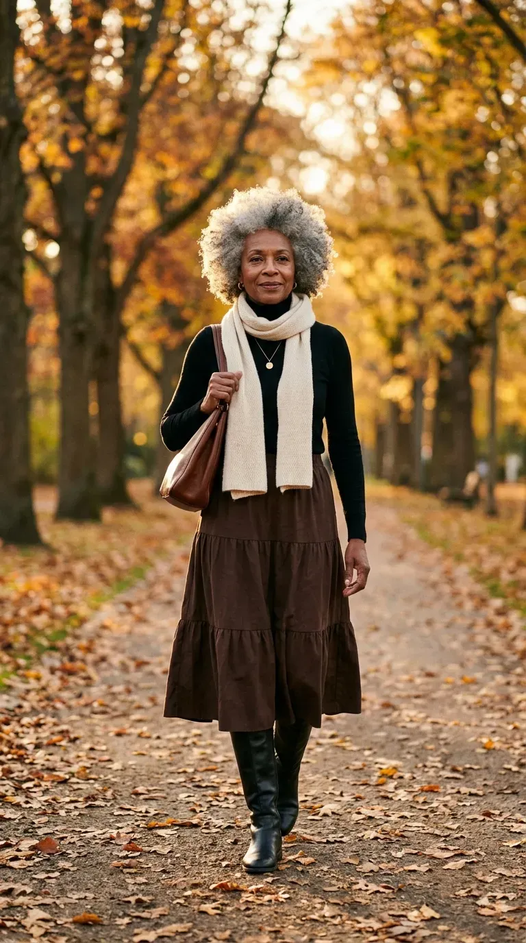 Woman in chocolate tiered midi skirt and black turtleneck with flat knee-high boots on a path