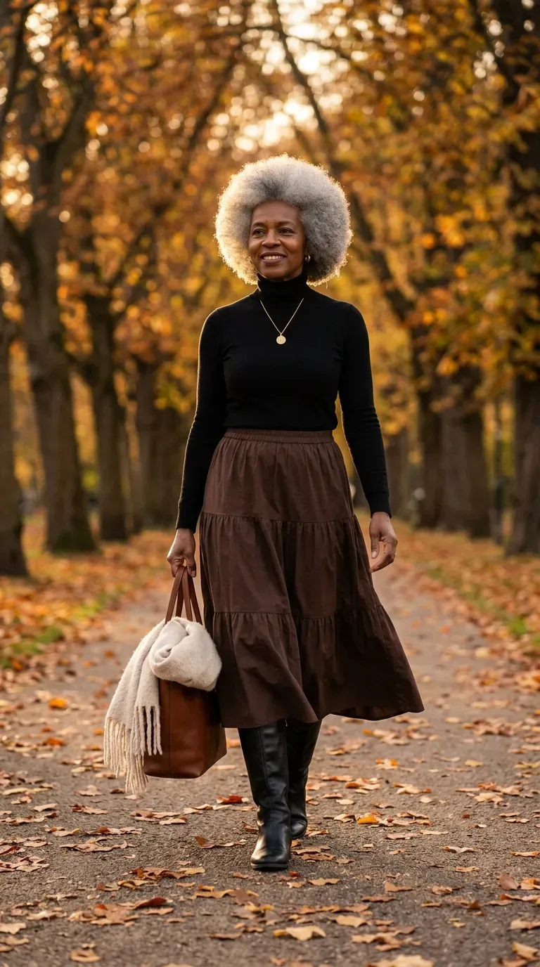 Woman in chocolate tiered midi skirt and black turtleneck with tall boots on a leafy path
