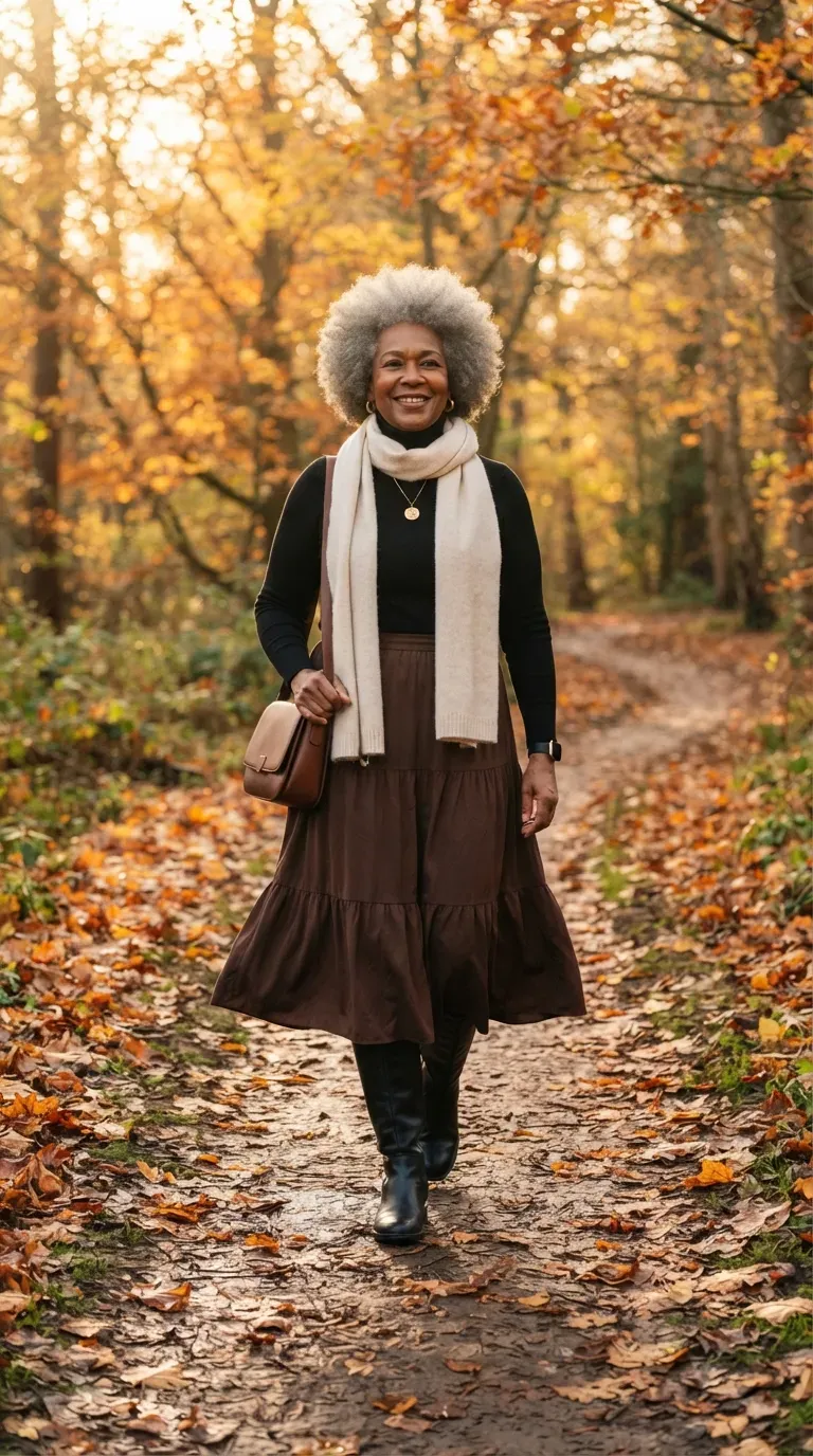 Black plus-size woman in a chocolate tiered midi skirt and black turtleneck on a leaf-lined path