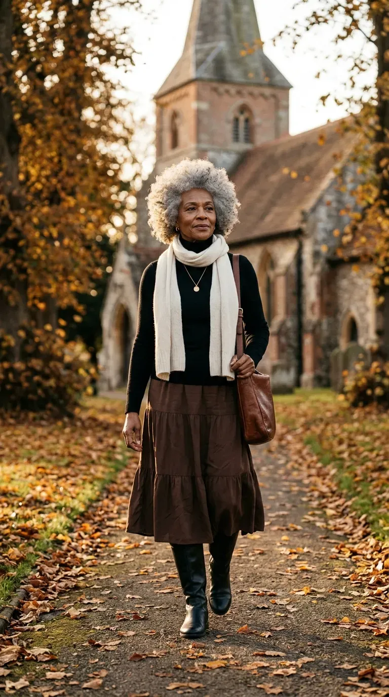 Black woman in chocolate tiered midi skirt and black turtleneck on a leaf-lined church path