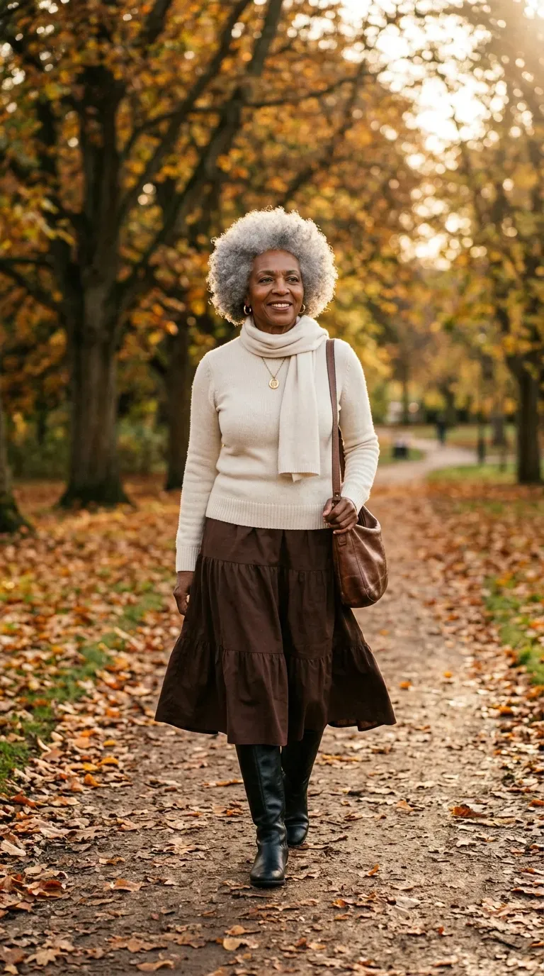 Black woman in a chocolate tiered midi skirt and cream sweater walking a leaf-lined path
