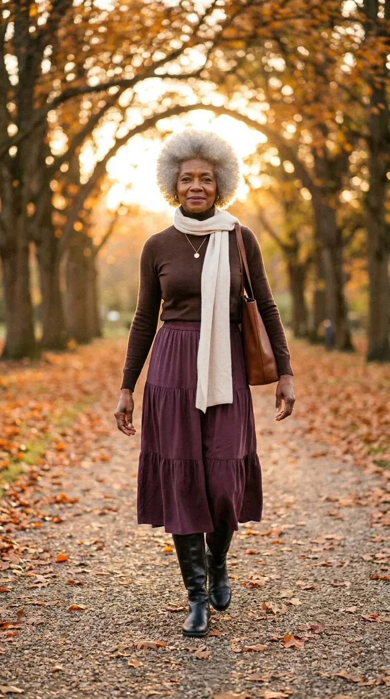 Black woman in a chocolate turtleneck and plum tiered midi skirt walking a leaf-lined path