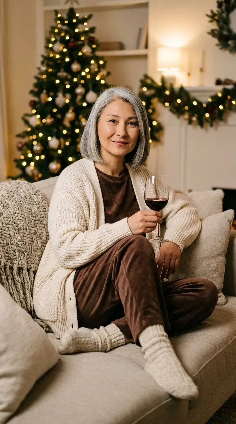 Woman over 50 in chocolate velour set and cream chunky cardigan for a Christmas movie night