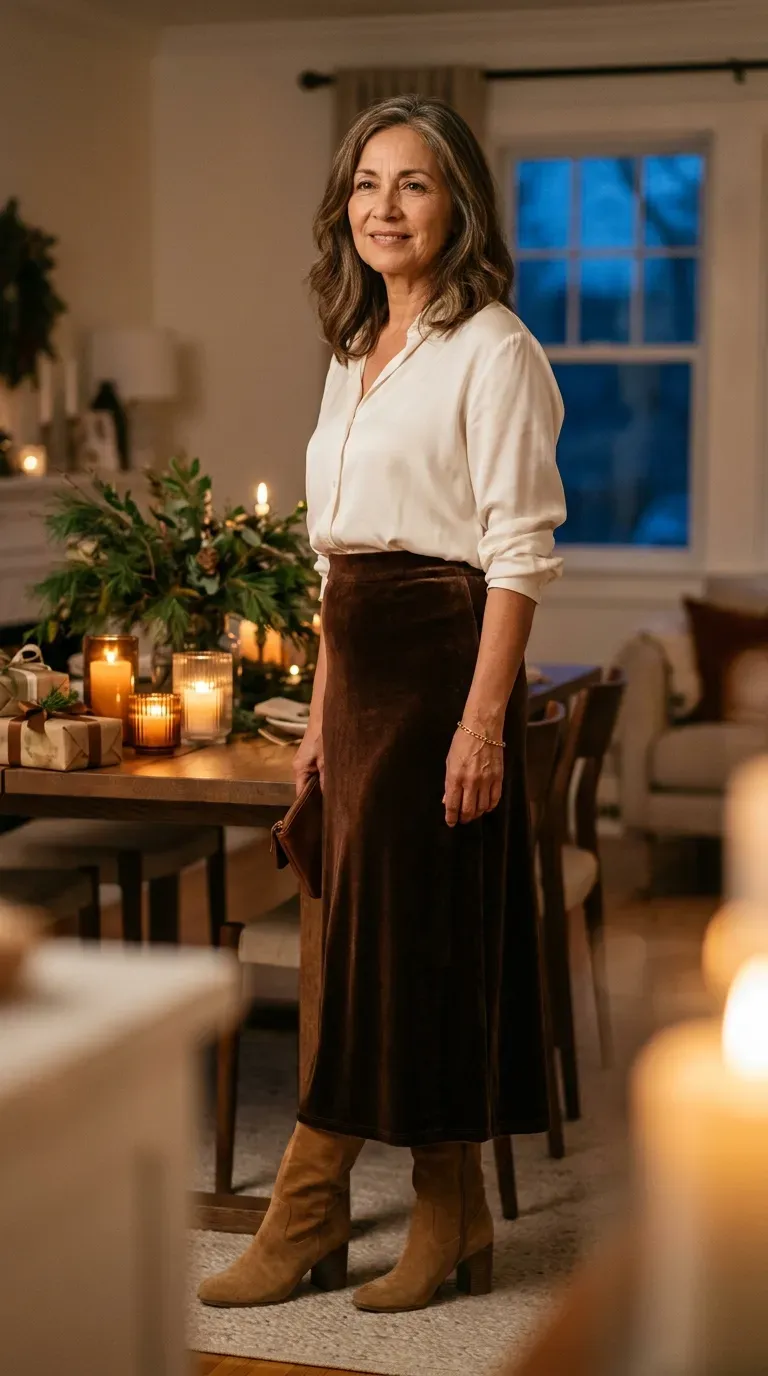 Latina woman in a chocolate velvet midi skirt and ivory blouse near a candlelit table