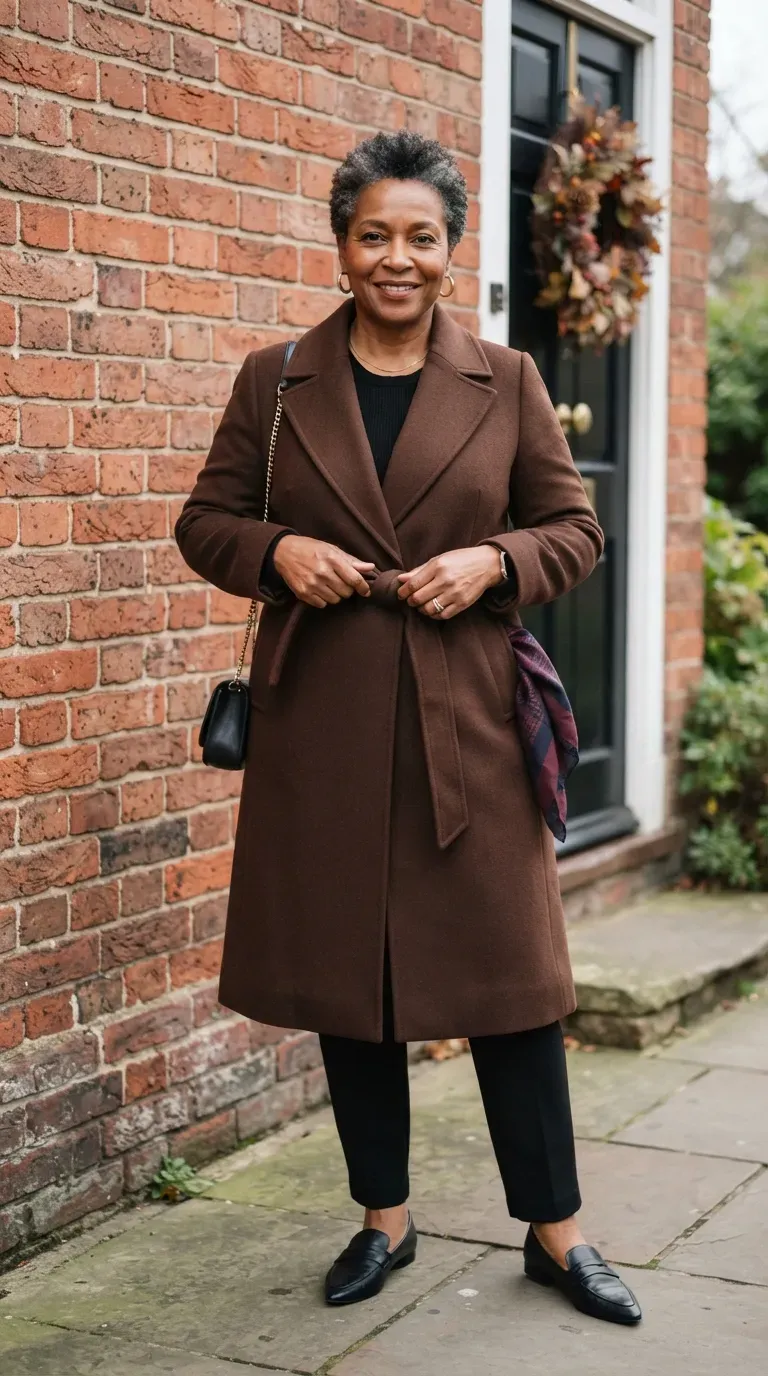 Black plus-size woman in a chocolate wrap coat and black trousers beside a red brick wall