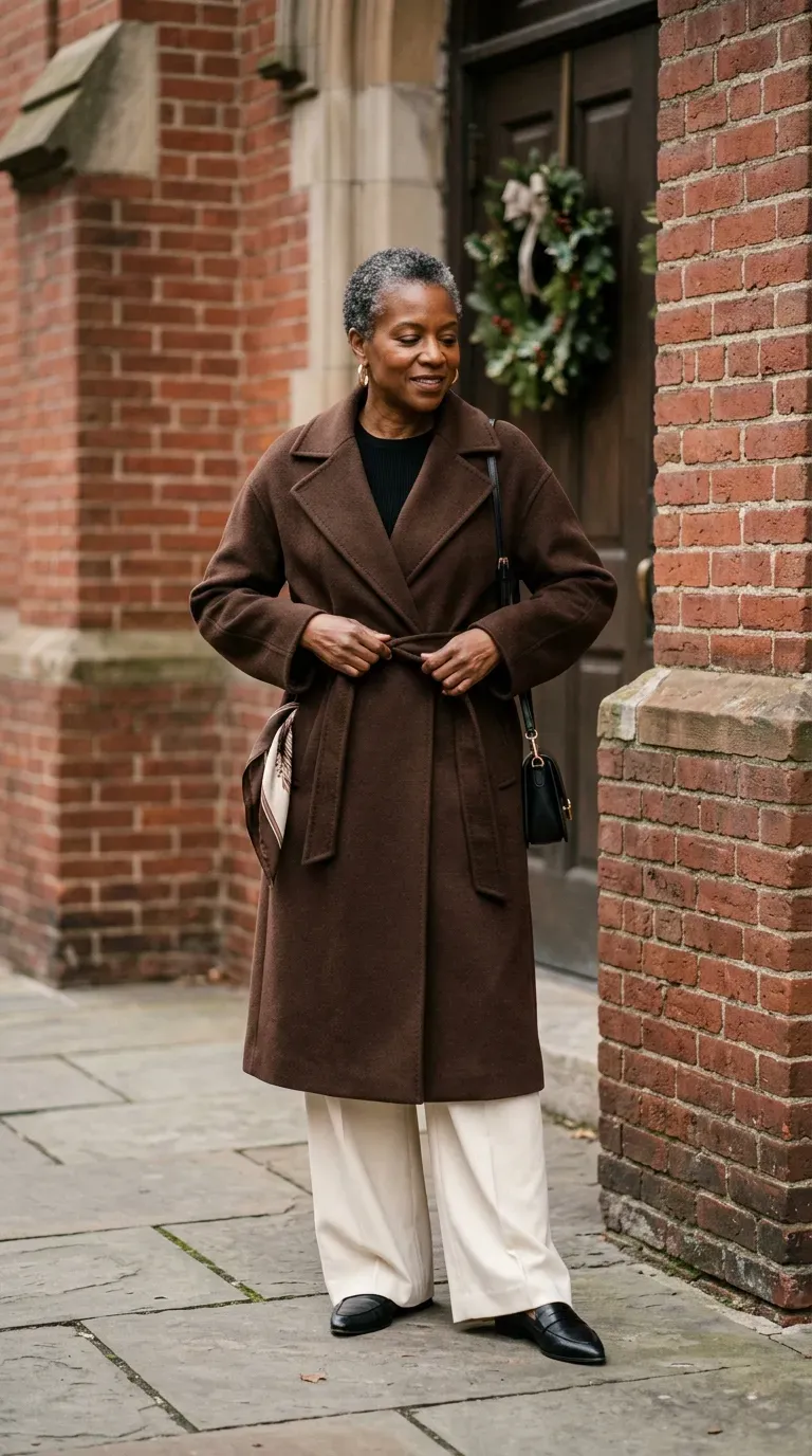 Black woman in chocolate wrap coat and cream wide-leg trousers beside a red brick church wall
