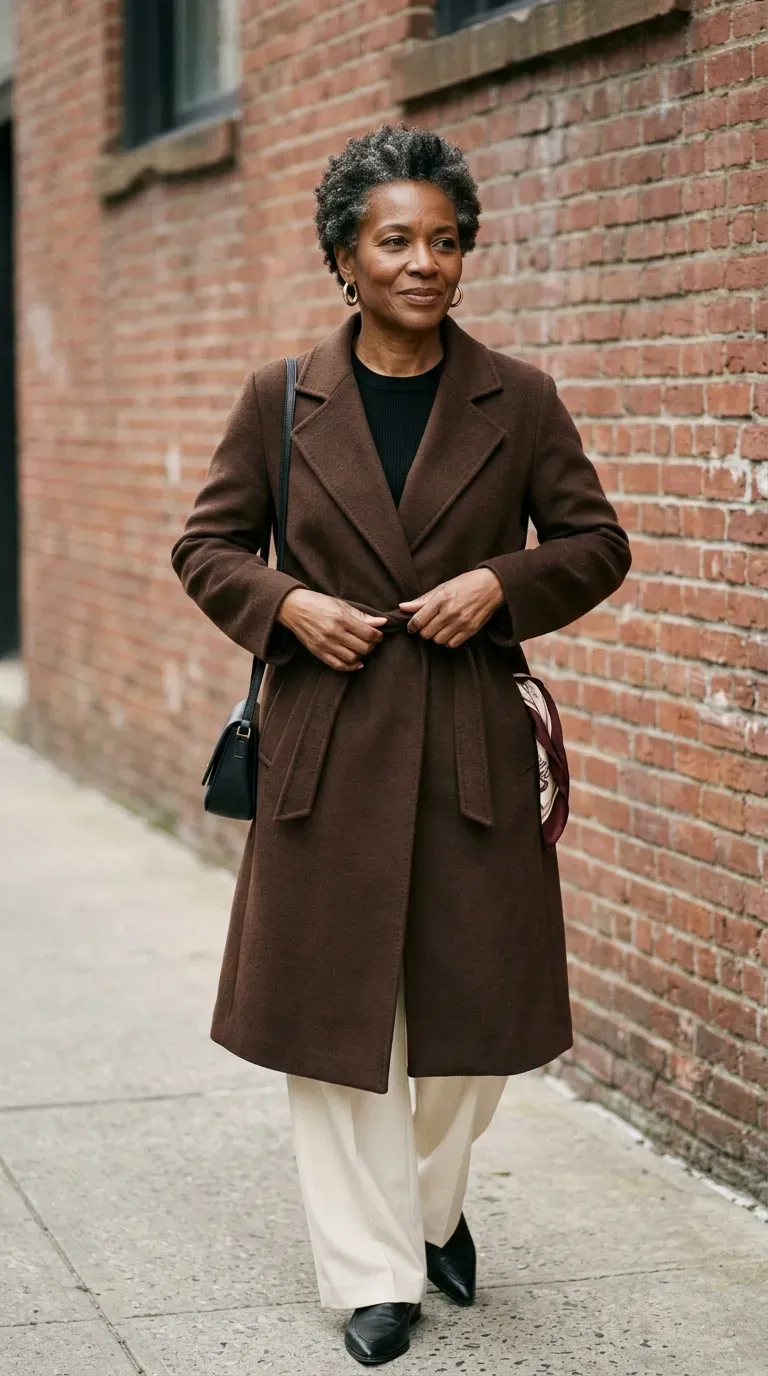 Black woman in a chocolate wrap coat and cream wide-leg trousers beside a red brick wall