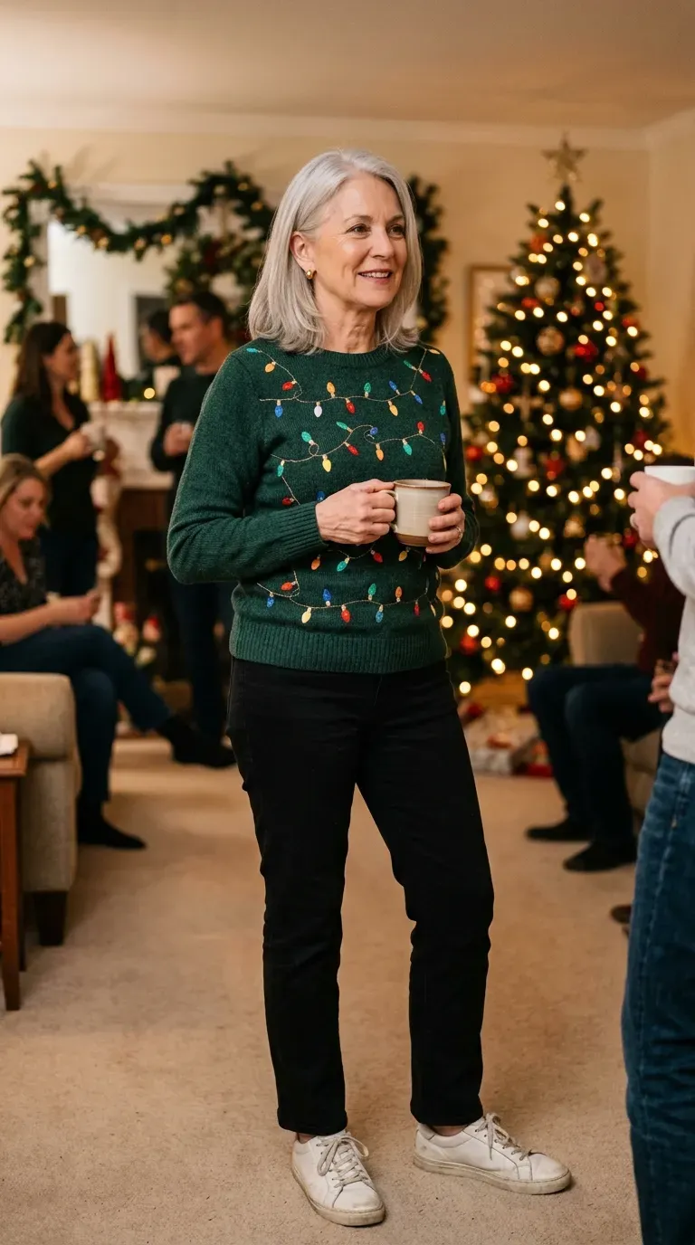 Woman over 50 in Christmas lights sweater, black jeans and white sneakers at a casual party
