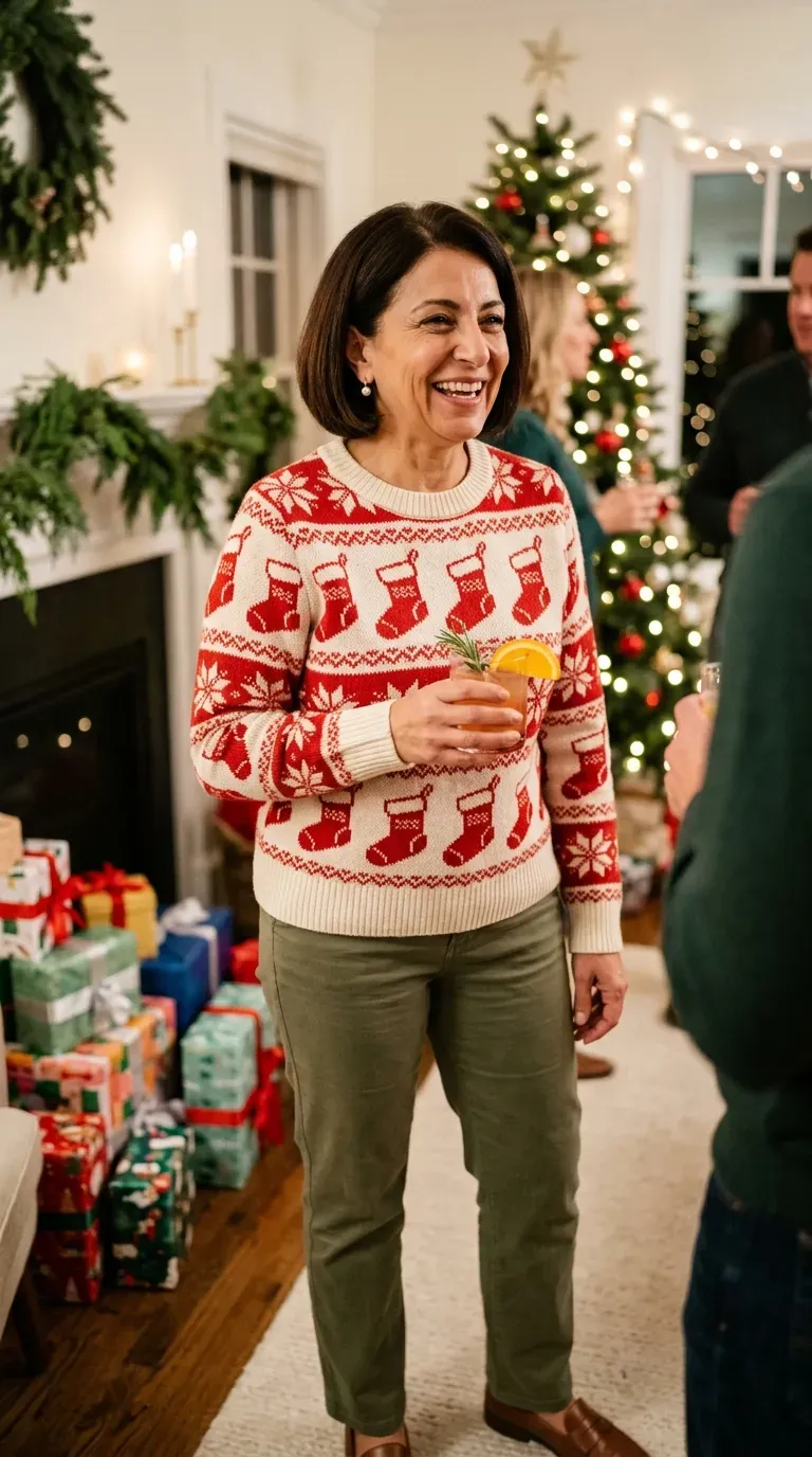 Woman over 50 in Christmas stocking print sweater, olive trousers and loafers at a party