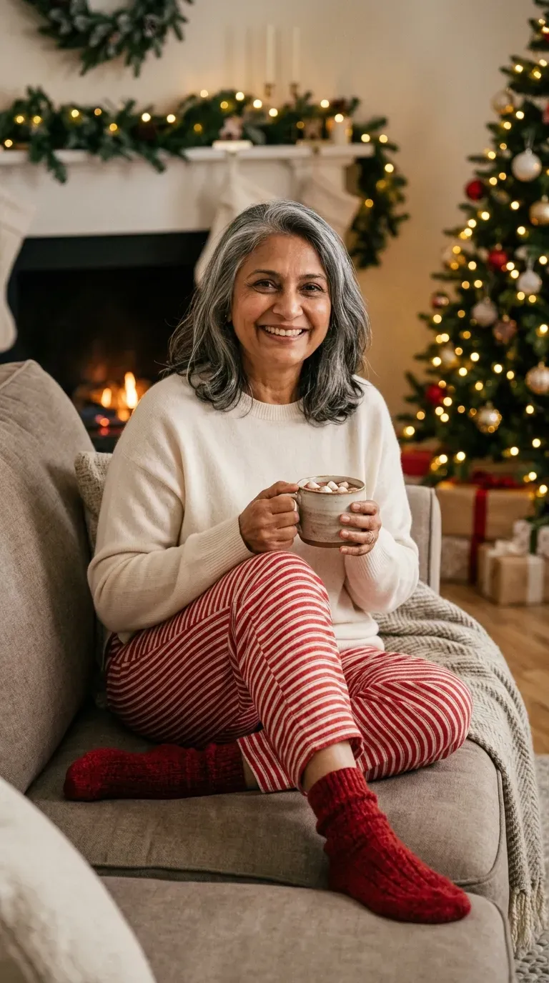 Woman over 50 in Christmas stripe pajama trousers and cream cashmere sweater for a movie night