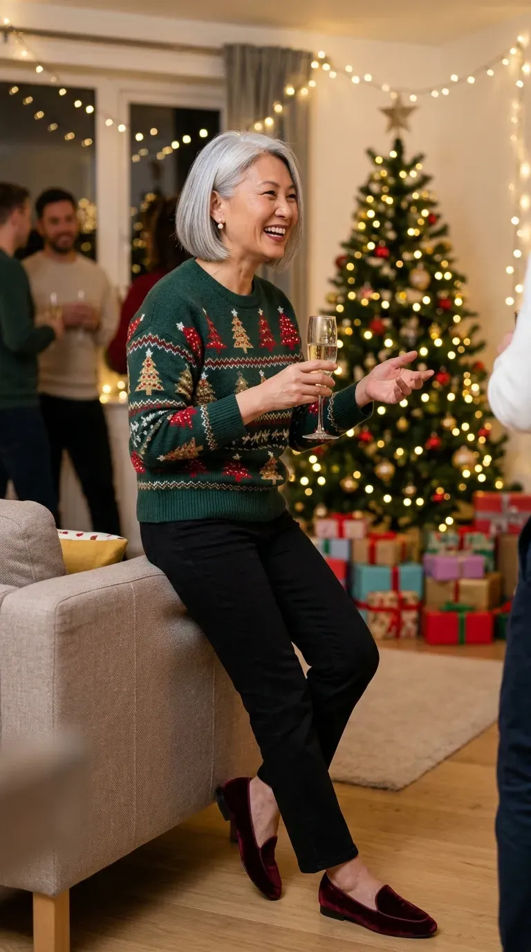 Woman over 50 in Christmas tree sweater, black jeans and velvet loafers at a party
