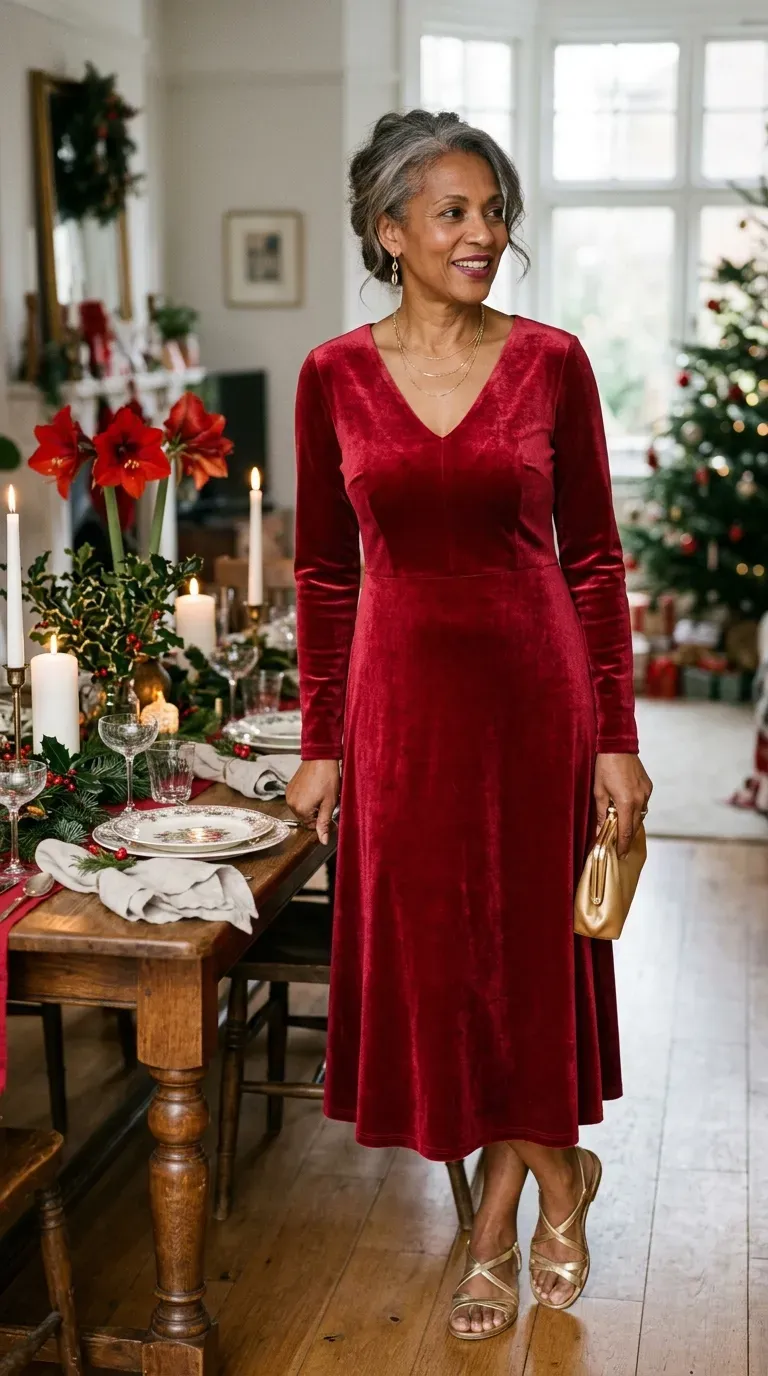 Woman over 50 in cranberry red velvet midi dress and gold sandals at a Christmas Day family lunch
