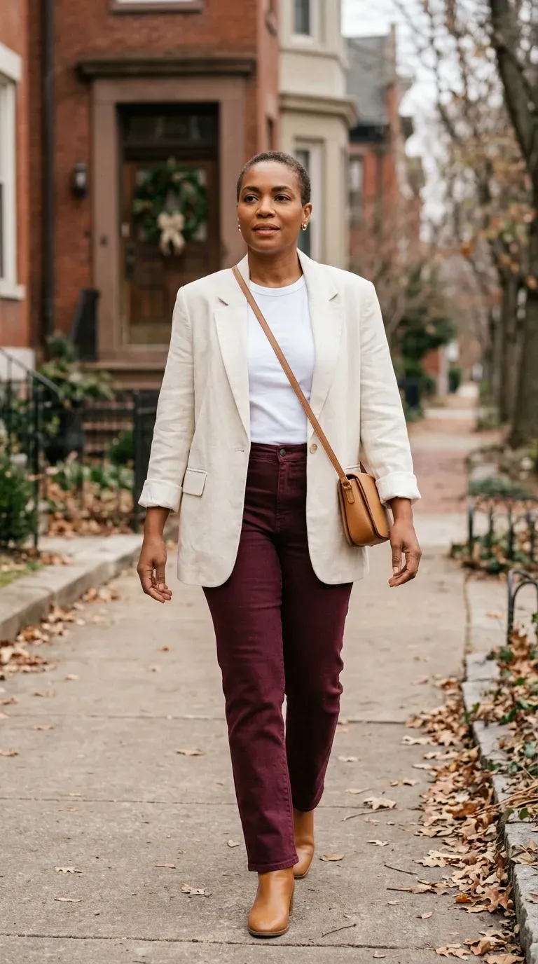 Woman over 40 in cream blazer and burgundy straight jeans on a Christmas afternoon walk