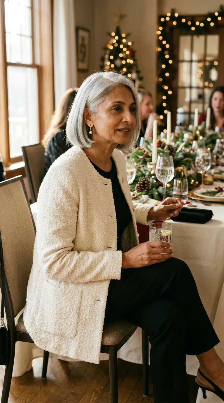 Woman over 50 in cream bouclé jacket, black tee and black trousers at a holiday luncheon