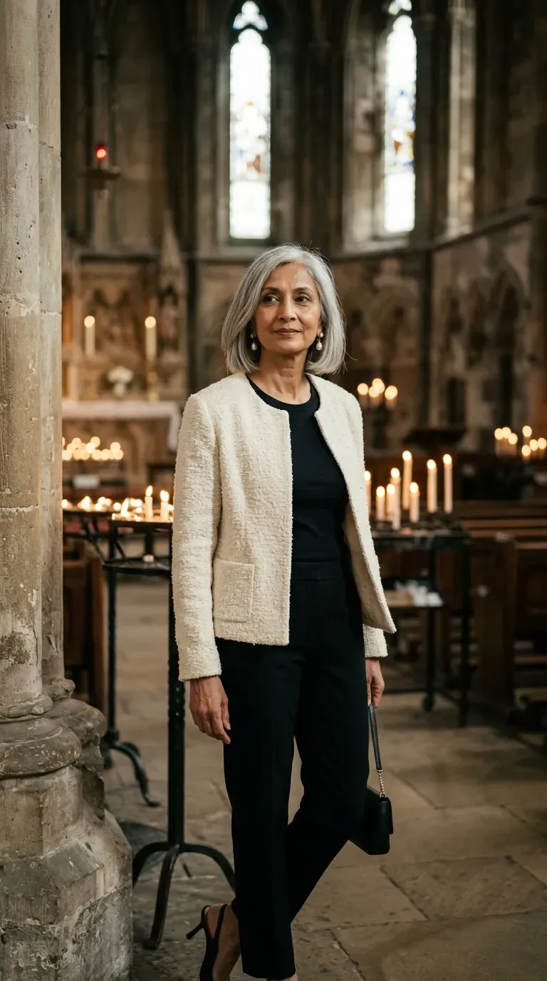 Woman over 50 in cream bouclé jacket and black trousers at a holiday service