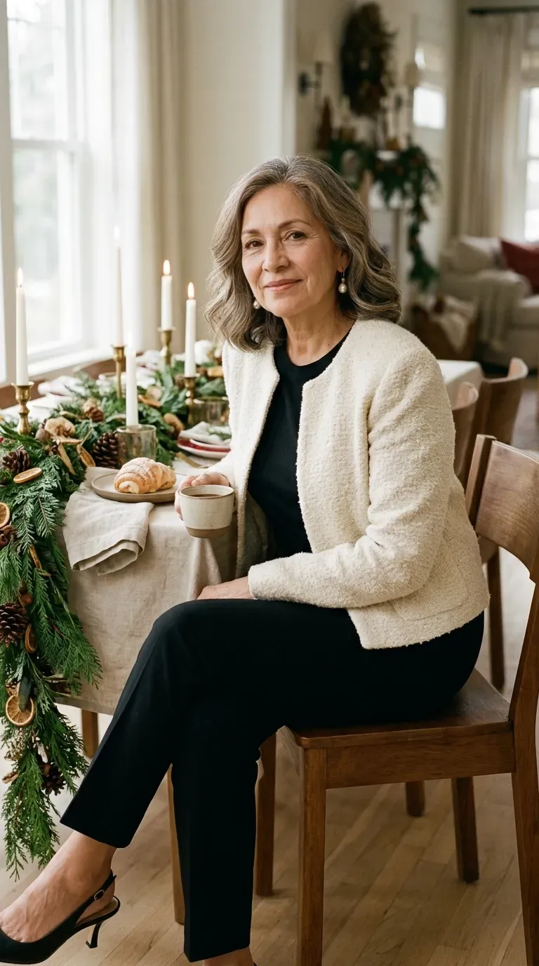 Woman over 50 in cream bouclé jacket, black tee and trousers at a holiday table