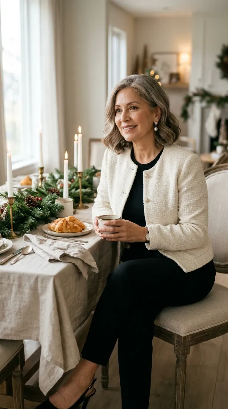 Woman over 50 in cream bouclé jacket, black tee and trousers at a holiday luncheon