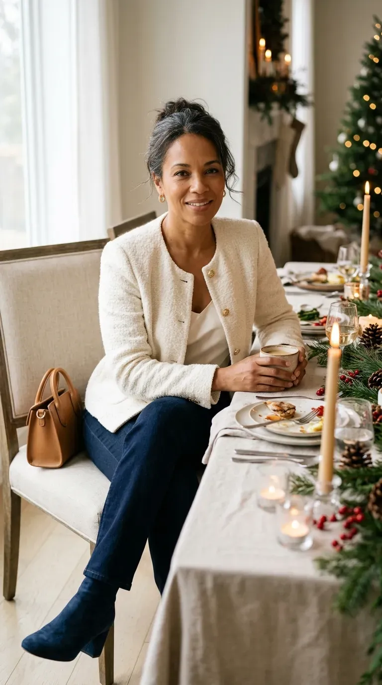 Woman over 40 in cream bouclé jacket and dark navy jeans at a Christmas brunch