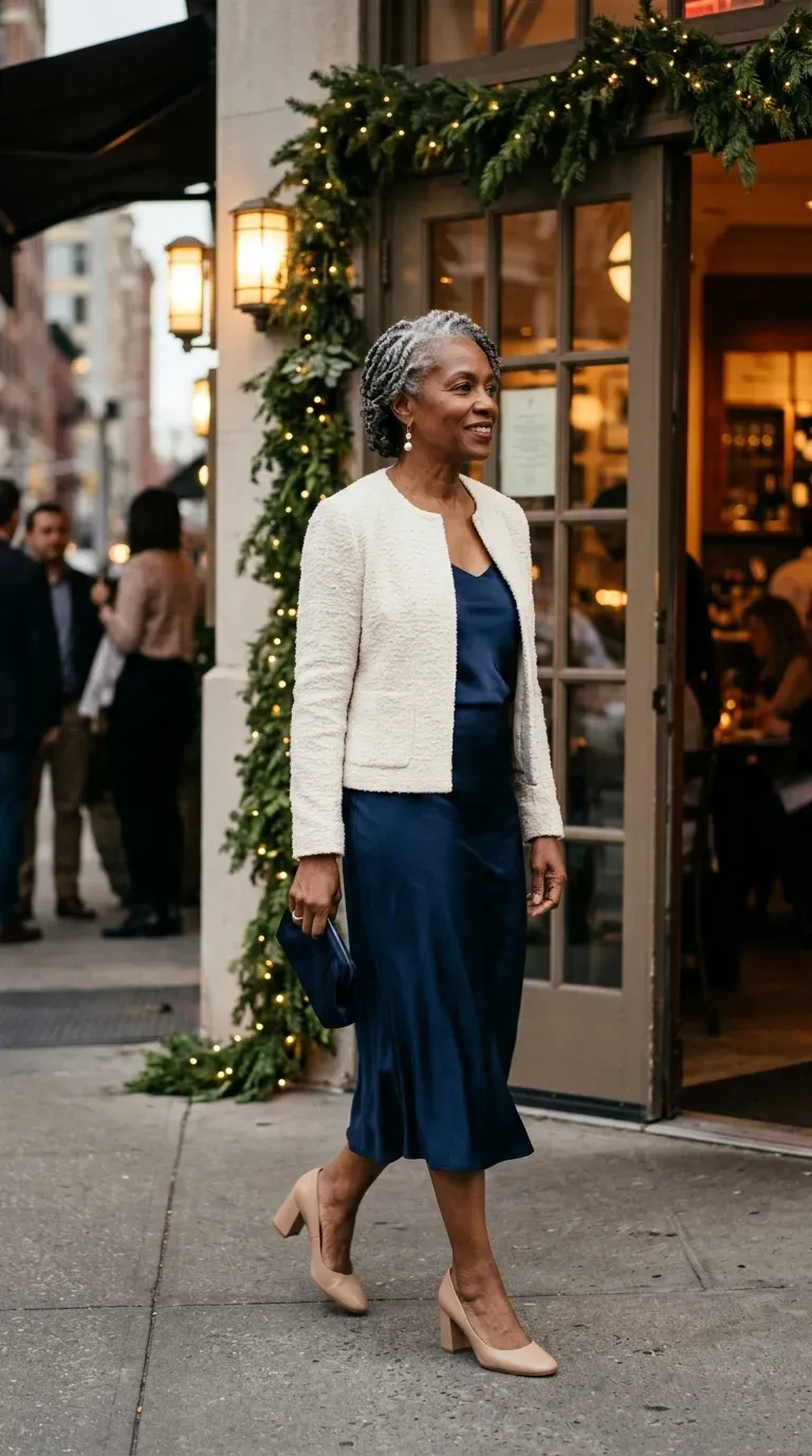 Woman over 50 in cream bouclé jacket, navy cami and navy satin skirt at a date dinner
