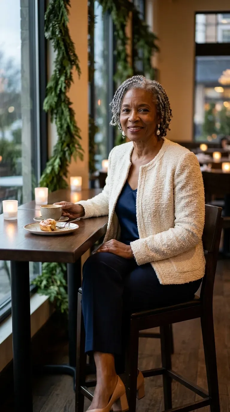 Woman over 50 in cream bouclé jacket and navy trousers at a lunch table
