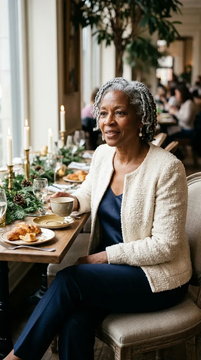Woman over 50 in cream bouclé jacket and navy trousers at a Christmas brunch table