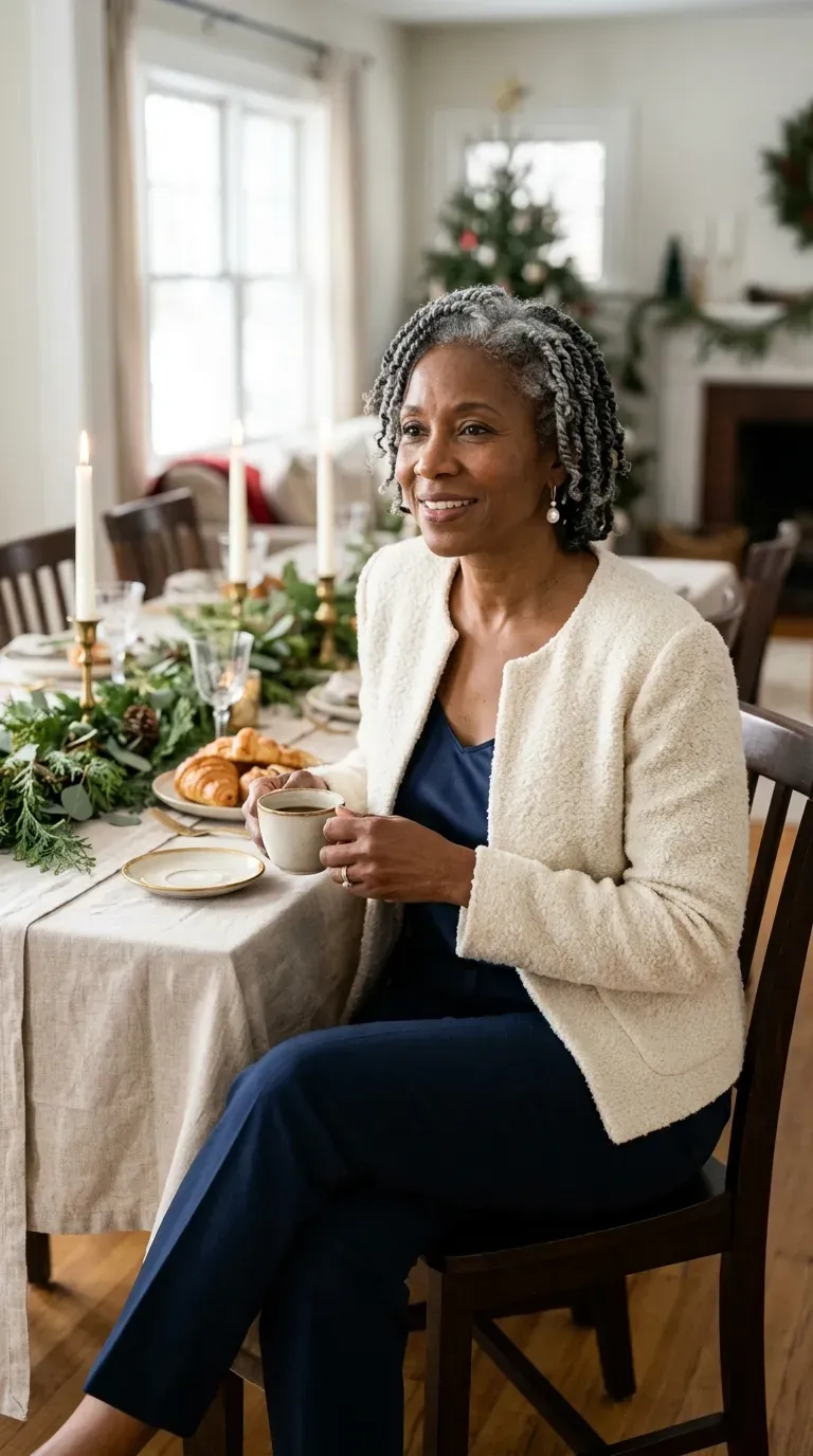 Woman over 50 in cream bouclé jacket and navy trousers at a Christmas brunch