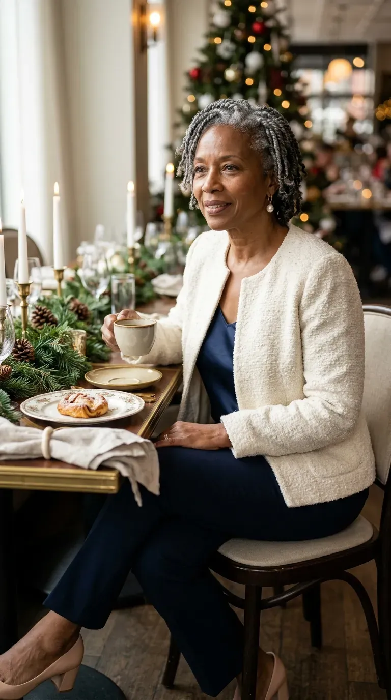 Woman over 50 in cream bouclé jacket and navy trousers at a holiday brunch