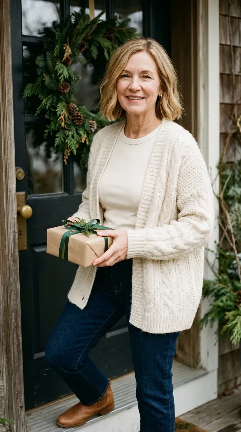 Woman over 50 in cream cable cardigan, cream tee and indigo jeans arriving to meet his family