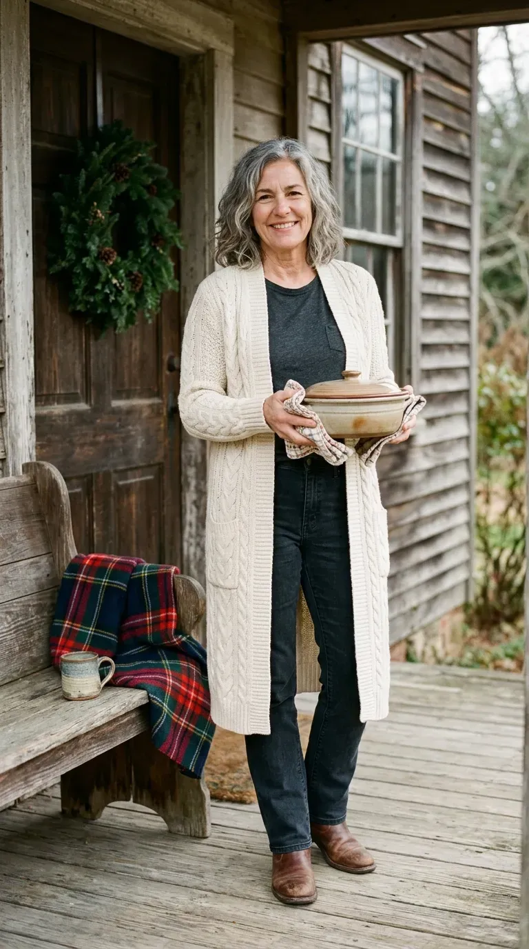 White woman in long cream cable cardigan and dark jeans on a church porch