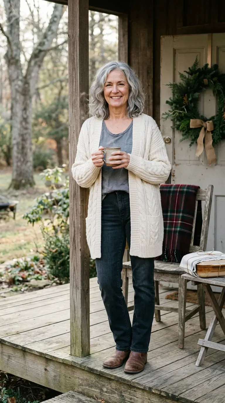 White woman in a long cream cable cardigan and dark jeans on a decorated porch