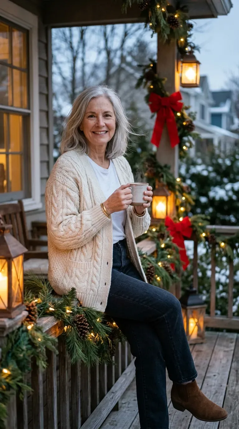 Woman over 50 in cream cable cardigan and dark jeans holding cocoa on a decorated porch