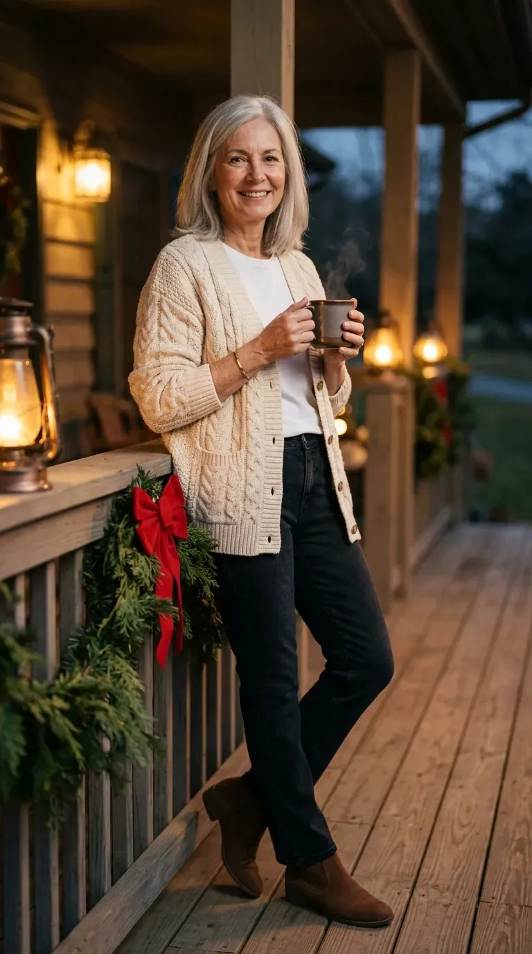 Woman over 50 in cream cable cardigan and dark jeans holding cocoa on a decorated porch
