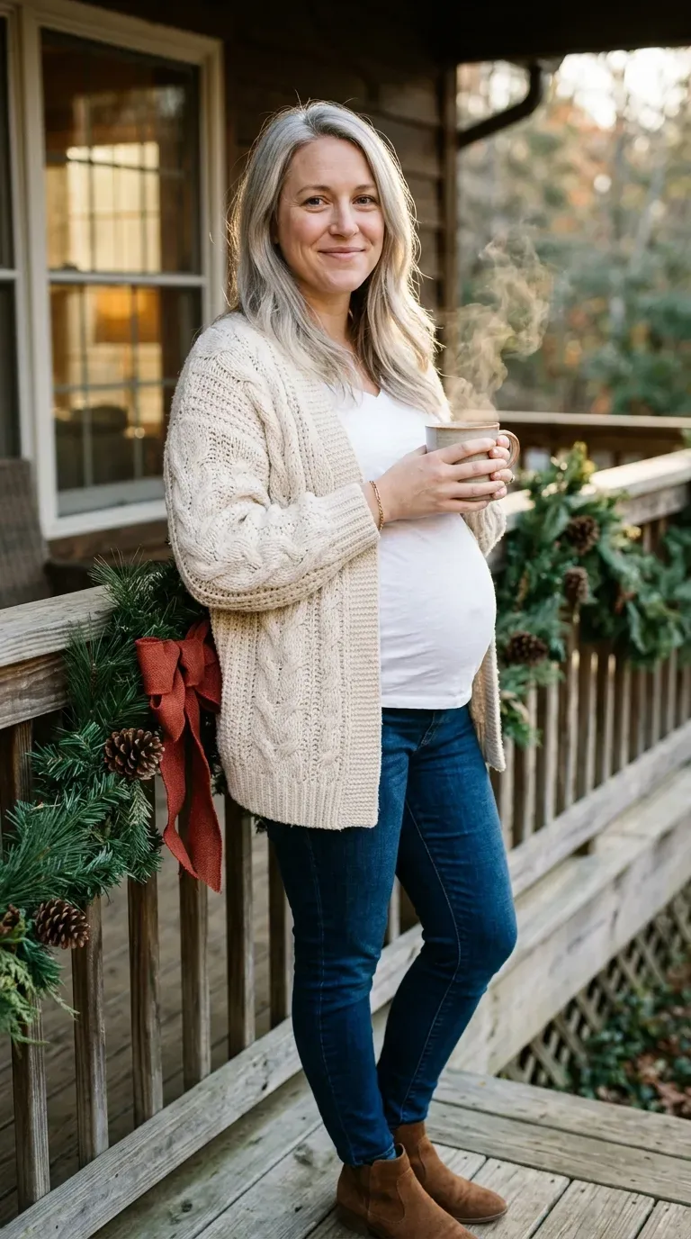 Pregnant woman in cream cable cardigan and dark maternity jeans holding coffee on a porch
