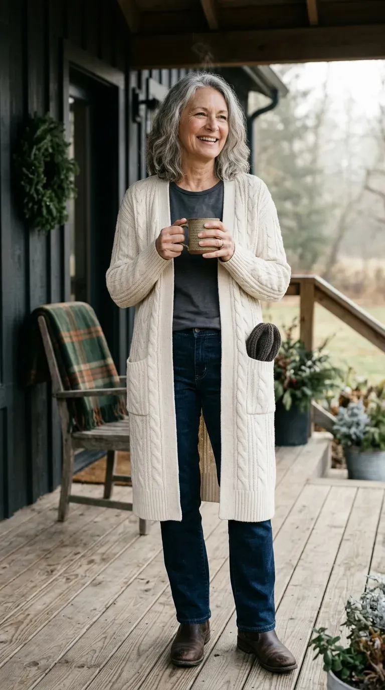 Woman in cream cable cardigan and dark jeans holding coffee on a decorated porch